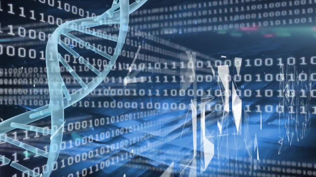 Animation of binary code and dna on navy background