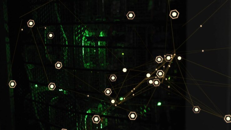 Frame sequence advancing, hexagonal nodes clustering with thin lines over dim rack for network ops