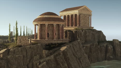 ruinas de un antiguo templo romano con vistas a un paisaje rocoso en la luz del atardecer