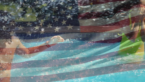 group of friends in a pool and the american flag for fourth of july