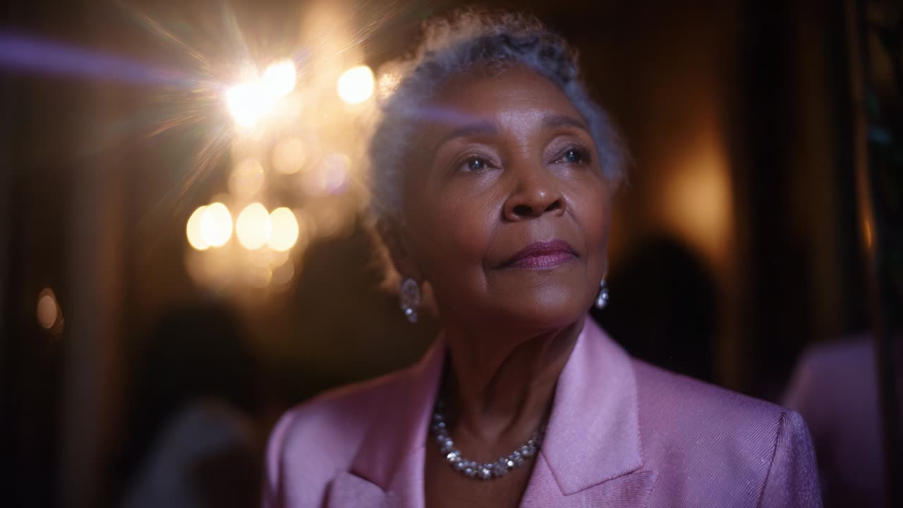 A Beautifully Captured Moment of a Distinguished Elderly Woman in Elegant Attire, Exuding Grace and Poise Under Soft Lighting, Highlighting Her Rich Life Experience and Timeless Elegance in an Intimate Setting
