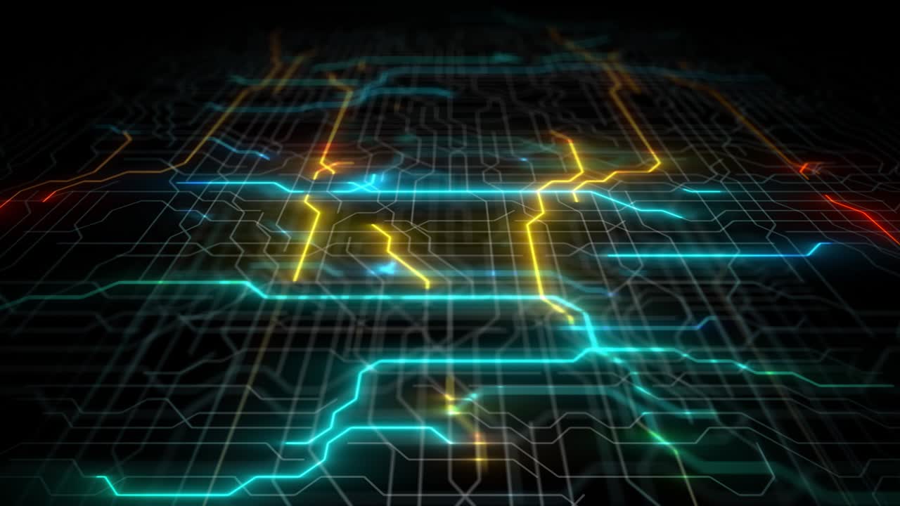 4k bucle de placa de circuito, placa base, chip digital. fondo de ciencia tecnológica. procesador de comunicación integrado. componente de ingeniería de la información con bokeh. tecnología de hardware de computadora de renderización 3d