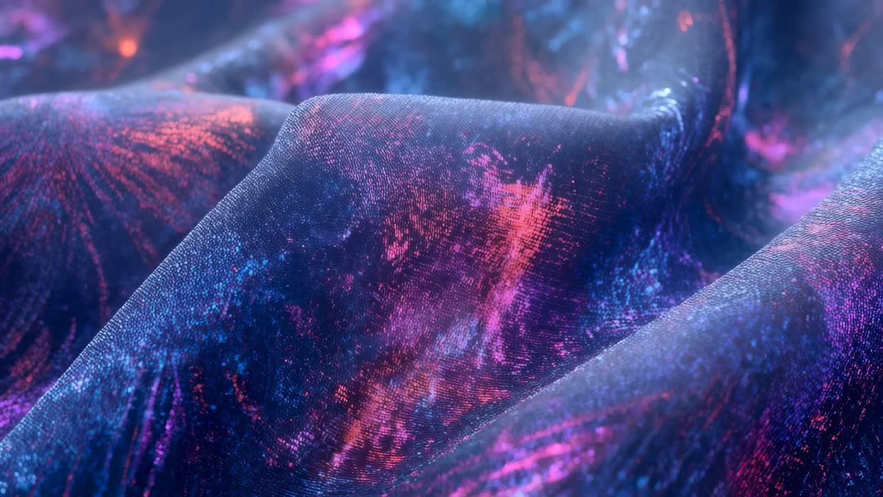 Spostamento dell'angolo di luce che fa scintillare il tessuto iridescente sul tavolo dello studio, con bagliori magenta ciano