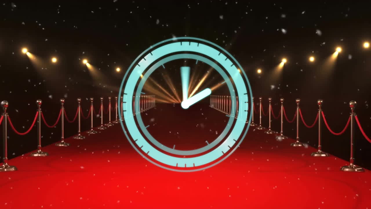 animación de reloj digital y confeti cayendo sobre los soportes en la alfombra roja contra los reflectores