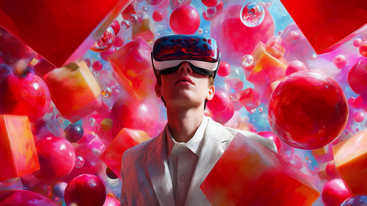 An immersive virtual reality experience unfolds as a user adorned in a sleek white suit explores a vibrant digital landscape filled with colorful geometric shapes and mesmerizing spheres