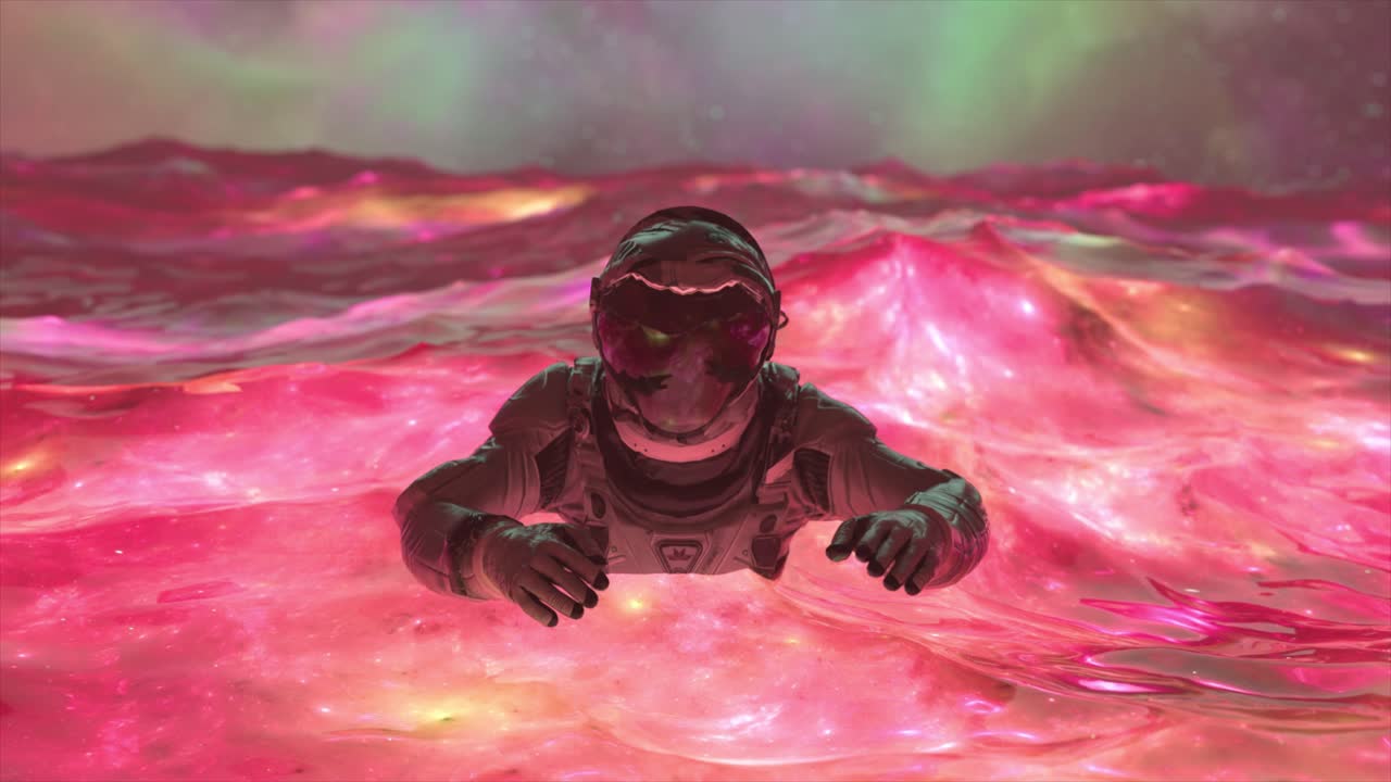 Astronauta che nuota in un oceano alieno di liquido rosa luminescente