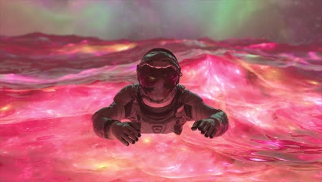 astronaut swimming in a glowing pink liquid alien ocean