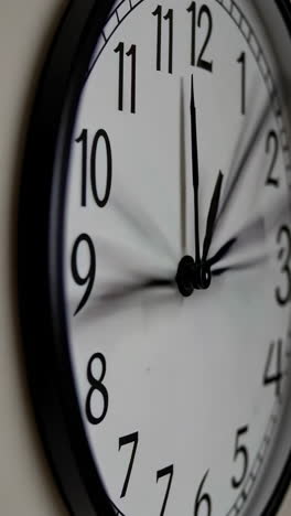 close-up of a wall clock with blurred hands