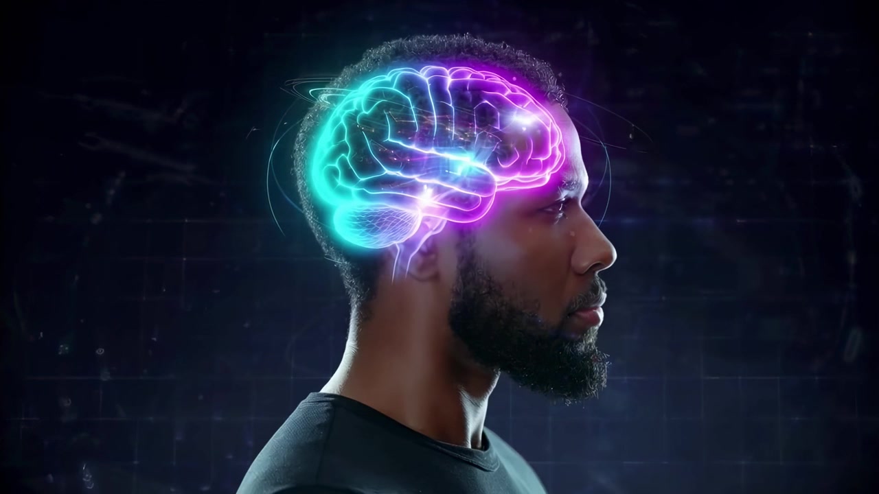 Profile of a Man with a Glowing Digital Brain Visualization