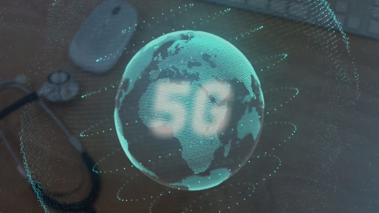 animación del globo y la red de conexiones con íconos a través del estetoscopio