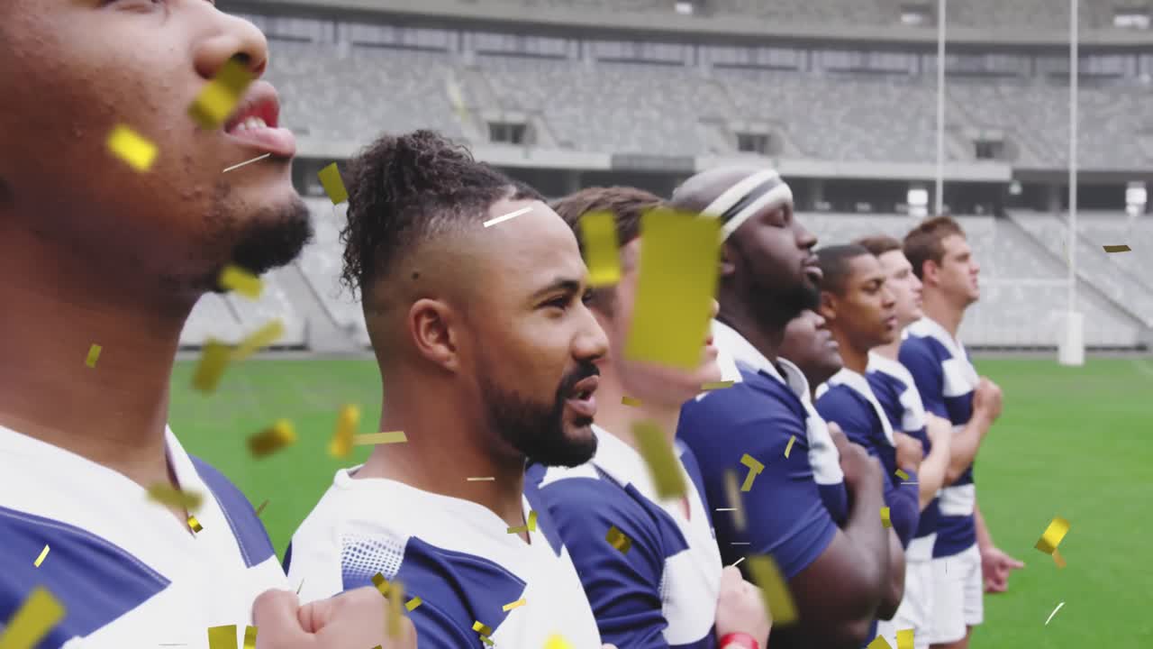 animación de confeti dorado cayendo sobre dos equipos de rugby multiétnicos de pie en una fila
