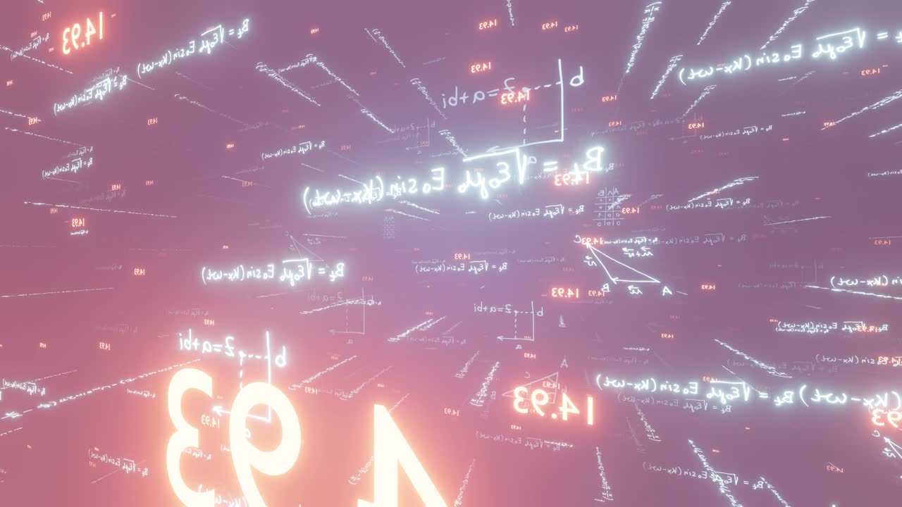 수학, 물리학, 과학, 기술, 루프 애니메이션 4k, 밝은 공식, 그래프, 숫자의 공간에서의 움직임