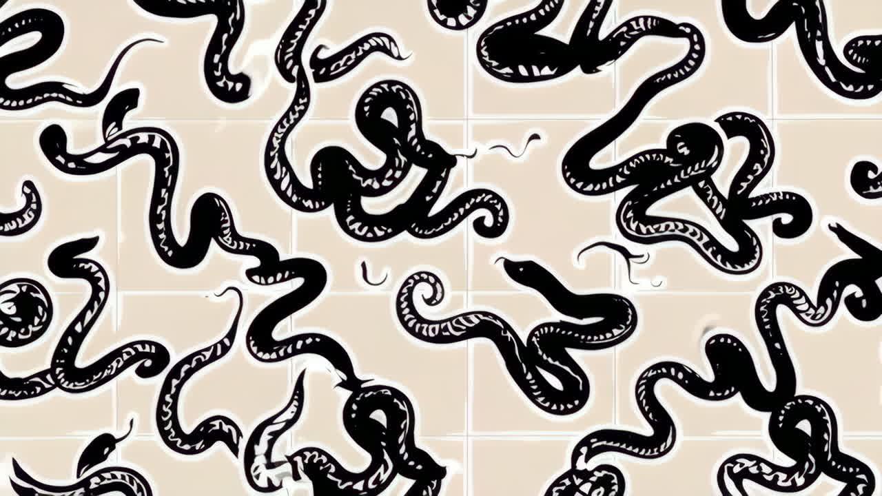Black Snake Repeating Pattern on Beige Tiles
