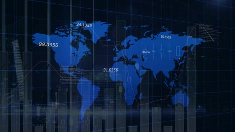 animation of statistics and numbers, financial data processing over world map