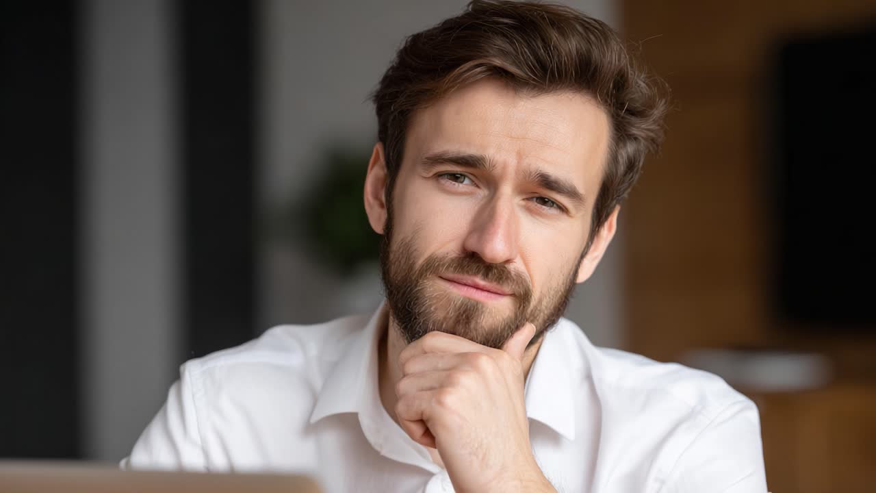 A contemplative man gazes thoughtfully while resting his chin on his hand, expressing deep thought and reflection in a cozy indoor setting