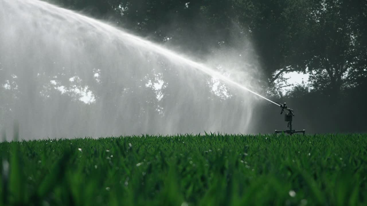 Watering a wheat field in summer, long shoot