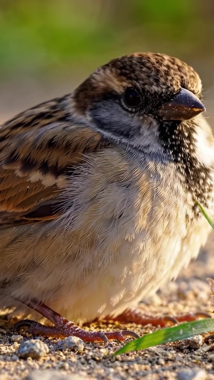 Primo piano di un bellissimo uccellino annidato a terra con erba verde, che cattura l'essenza della natura e della fauna selvatica in un ambiente esterno sereno.