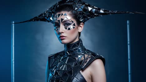 a striking profile of a model adorned in avant-garde fashion featuring angular, reflective mirror-like pieces, showcasing an innovative blend of artistry and style in a dramatic lighting setup