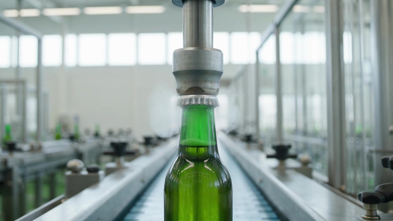 Automated Capping Machine Sealing Green Glass Beer Bottle on Conveyor Belt
