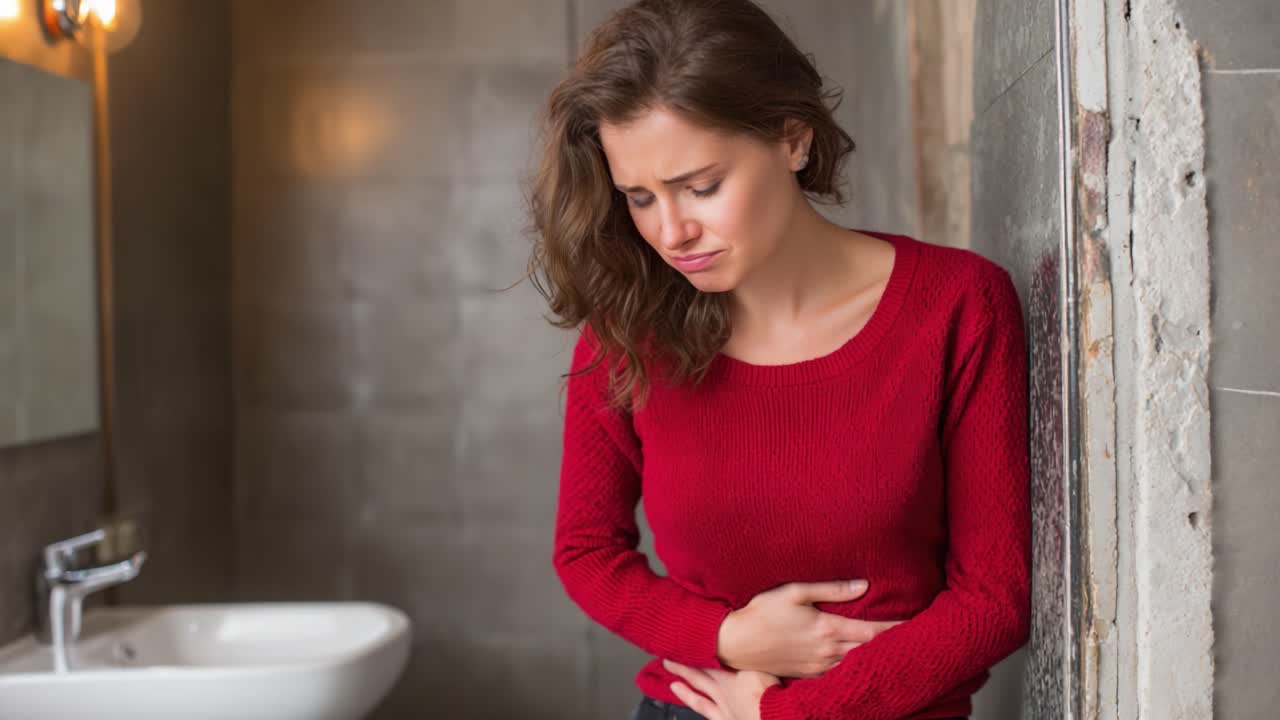 A young woman experiencing discomfort, showing signs of distress while standing in a bathroom, illustrating feelings of nausea or pain, likely due to an internal issue