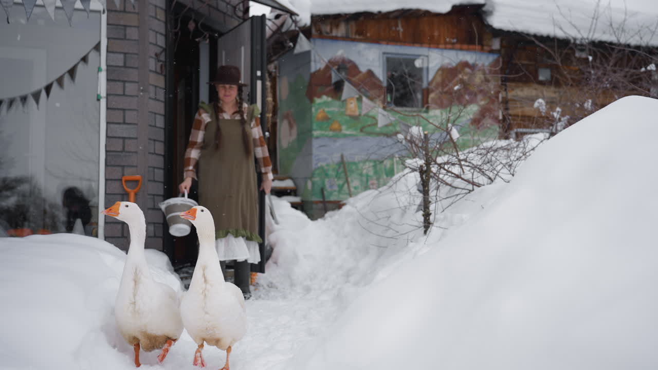 White geese wandering on snow as door opens, wife steps out with empty container to scoop fresh snow by rustic entrance, shovel leaning beside window, decorative bunting, under overcast winter sky