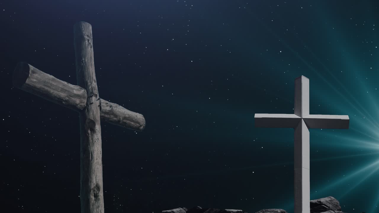 두 개의 십자가 실루엣과 플레어 광선, 밤 별 배경