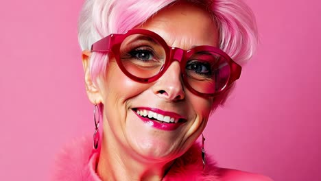 stylish senior model sporting vibrant pink hair and bold red glasses, radiating confidence and personal flair during studio photoshoot against saturated pink background