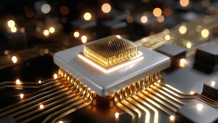 Nærbillede af en højteknologisk mikroprocessorchip omgivet af gyldne kredsløb på et moderne computerbundkort, der fremhæver avanceret teknologi og innovativt design inden for elektronik