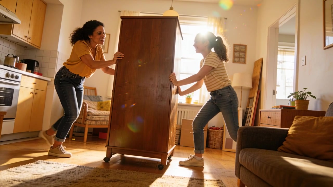 Moving two women, mustard and striped tops, pushing armoire in sunlit apartment, planning move