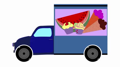 animación de un camión que va a entregar helados, pasteles y otros dulces
