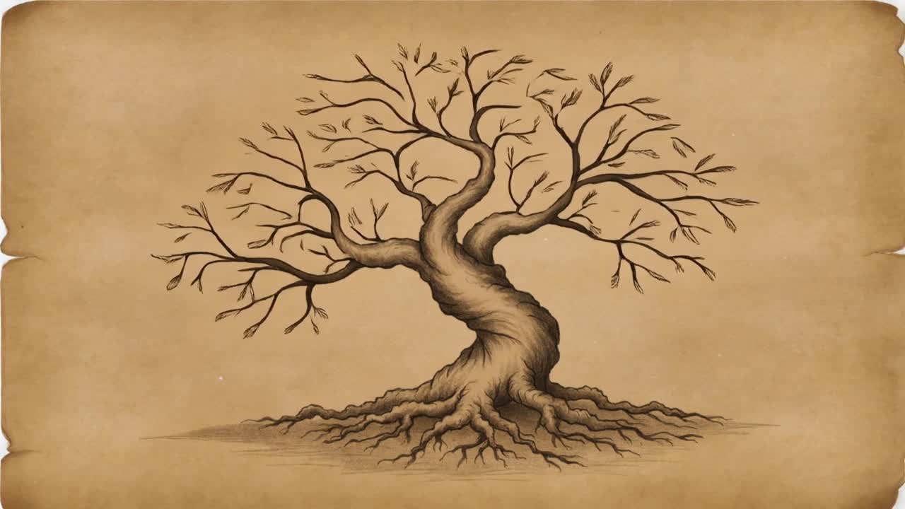 Animando un dibujo de árbol retorcido a medida que avanzan los fotogramas, brotando hojas y formándose la copa sobre pergamino
