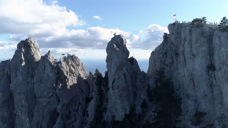 awe-inspiring mountain peaks with rope bridge and people