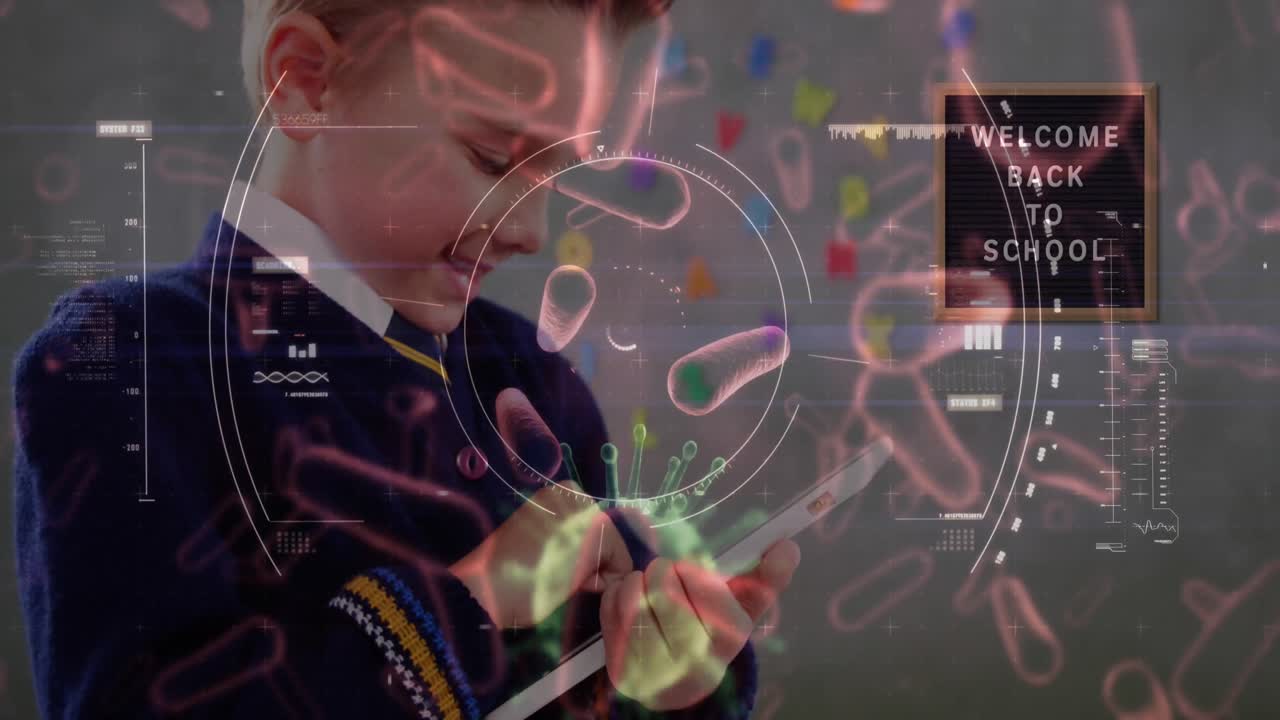 célula de coronavirus sobre un escolar con una tableta.