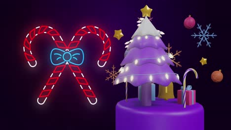 animación de bastones de caramelo sobre el árbol de navidad y decoraciones en fondo negro.