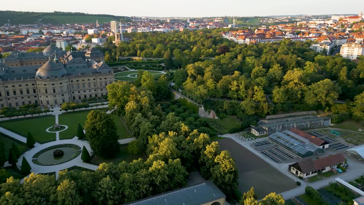 4K Aerial Drone Video of the Felsenbrunnen Garden and Court Garden at the Residence Palace in Würzburg, Germany