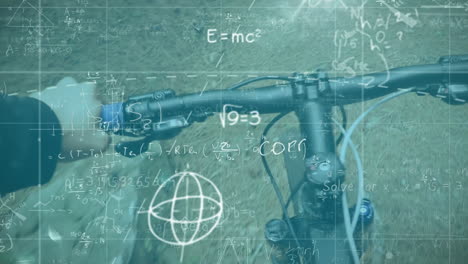 mathematical equations and symbols against man cycling