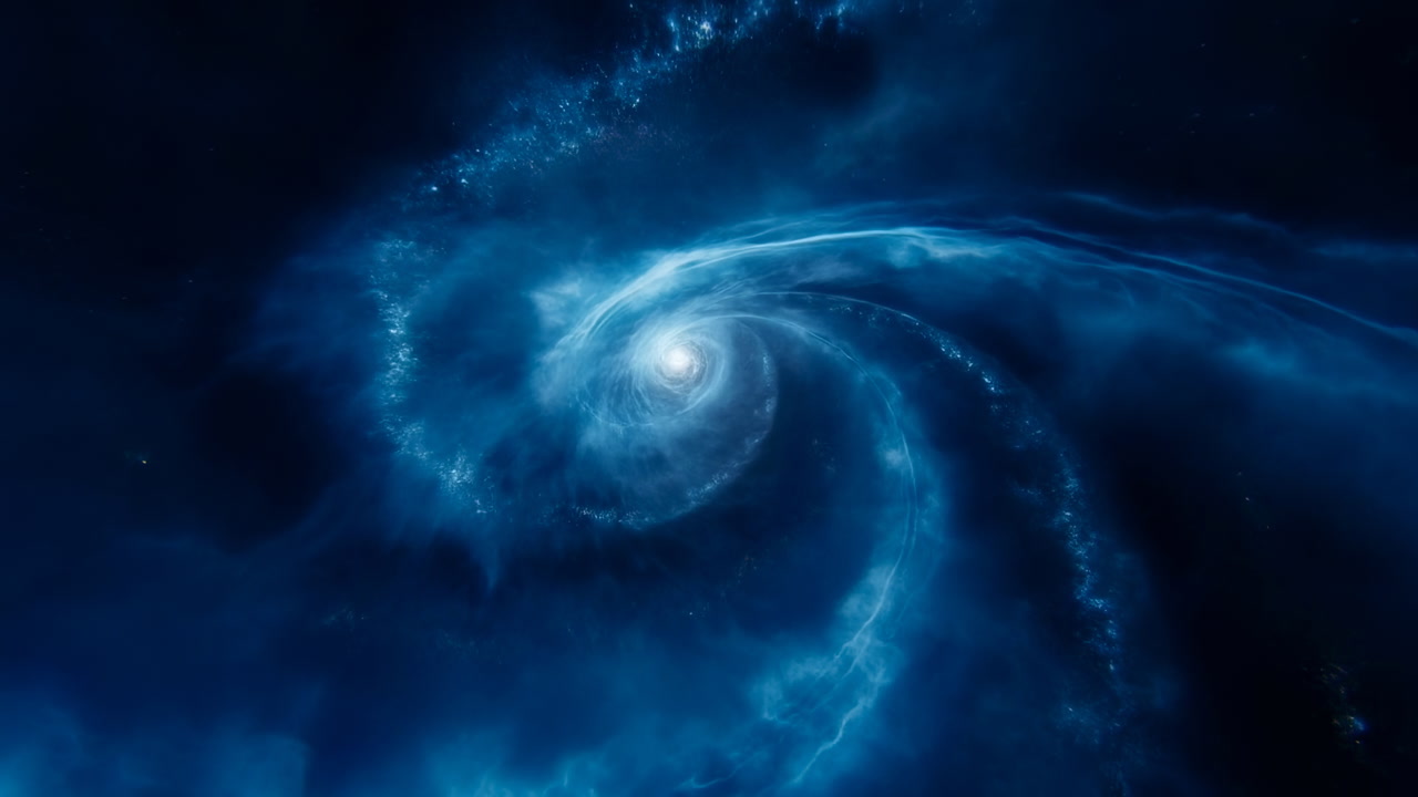 Deep Blue Spiral Cloud Curling Through Dark Space, Silent Vortex Formation With Subtle Starfield And Cold