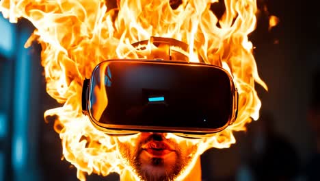 a man wearing a virtual reality headset with flames coming out of his head