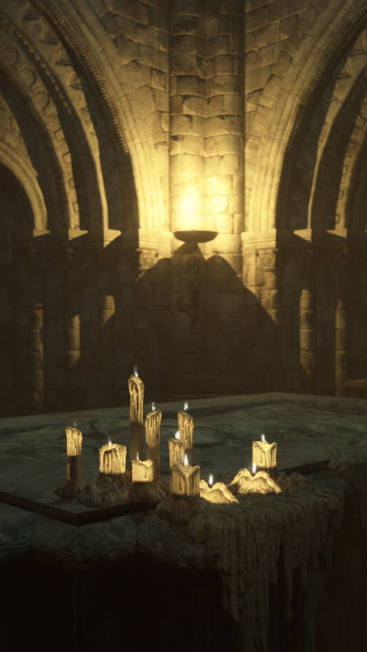Mysterious candlelit chamber in ancient stone structure at night