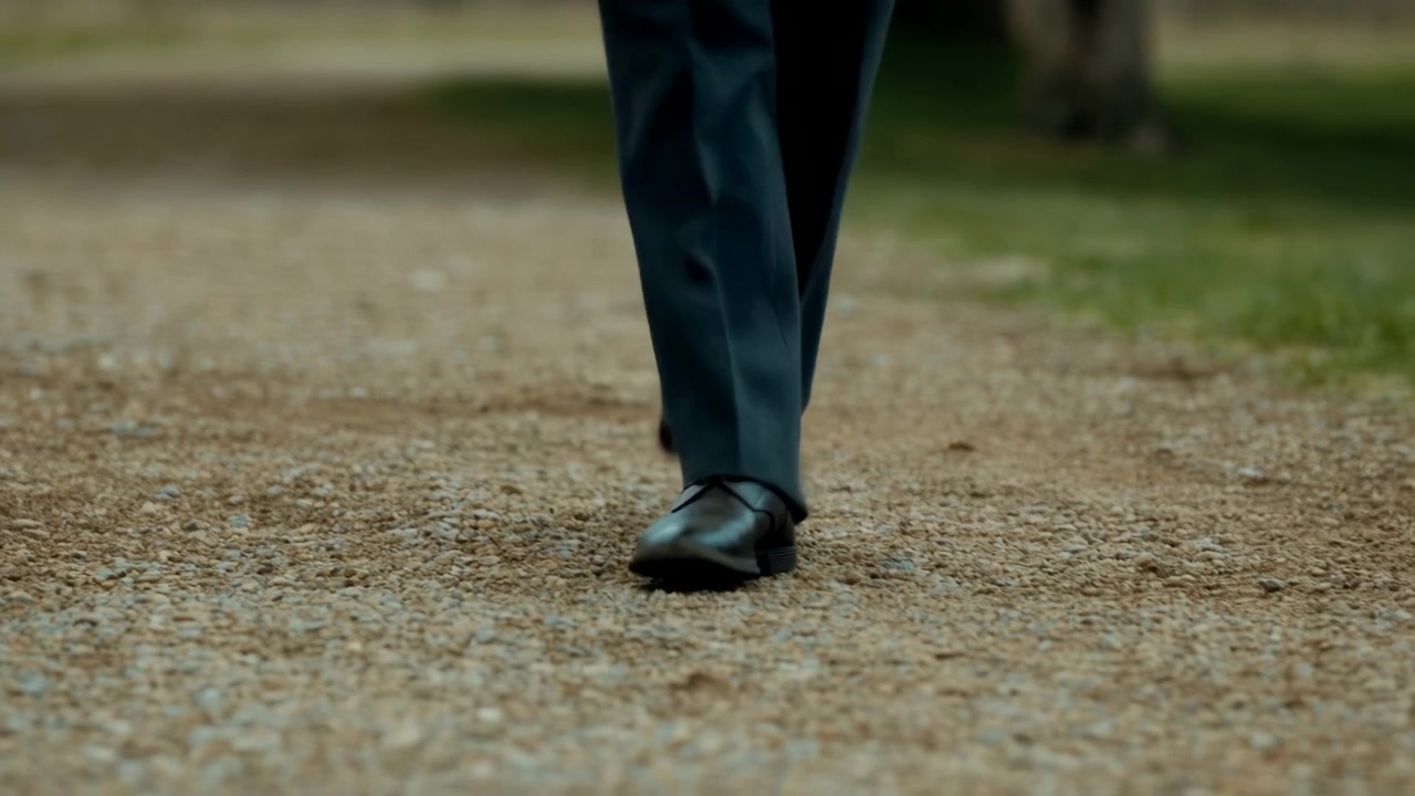 Primo piano di scarpe da passeggio su sentiero di ghiaia, scarpe di pelle lucide sotto pantaloni da completo, passo fermo attraverso il parco