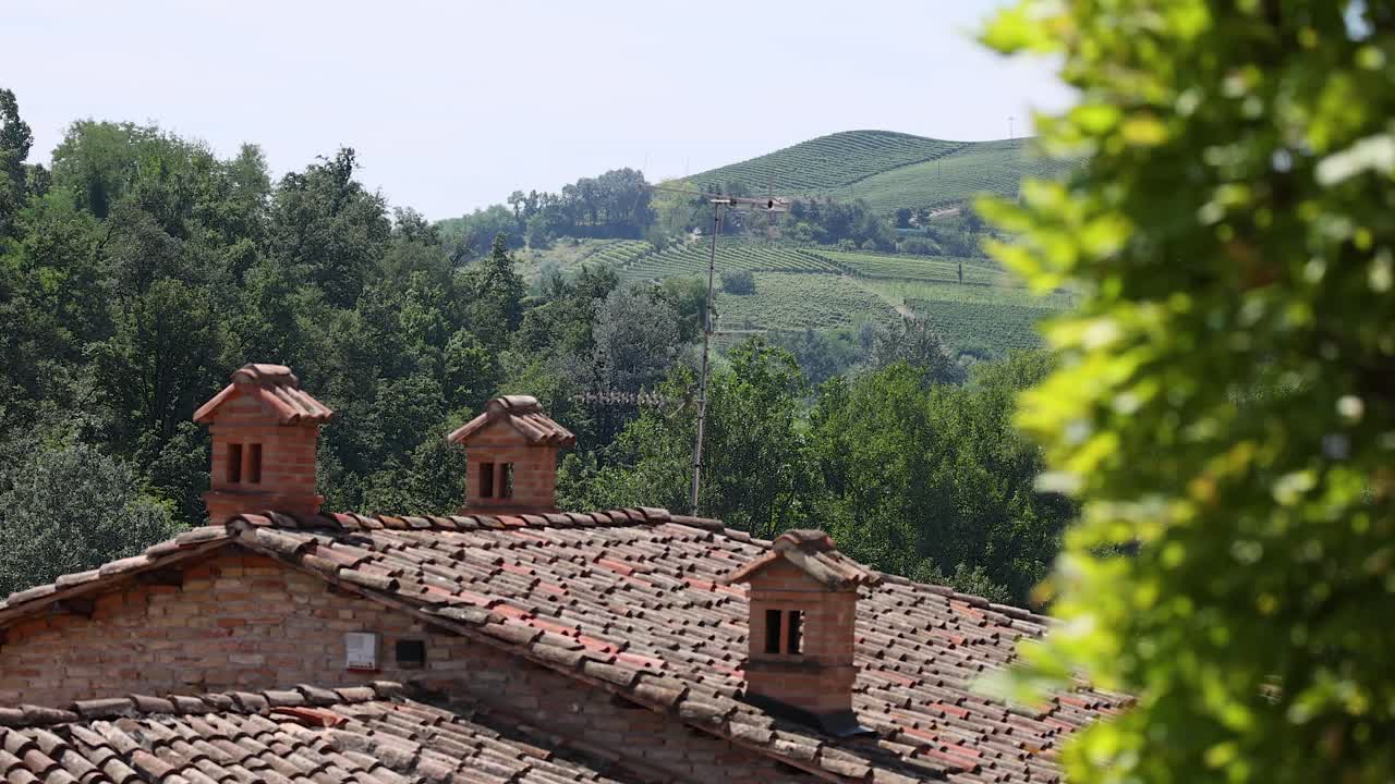 Tetto e vegetazione con colline in lontananza.