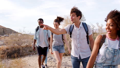 excited adult friends exploring in palm springs, close up