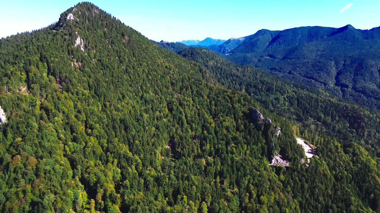 lot powietrzny nad zielonym lasem na zboczu góry, 4k