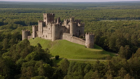 a grand medieval castle stands atop a lush green hill, surrounded by an expansive, dense forest under a clear sky