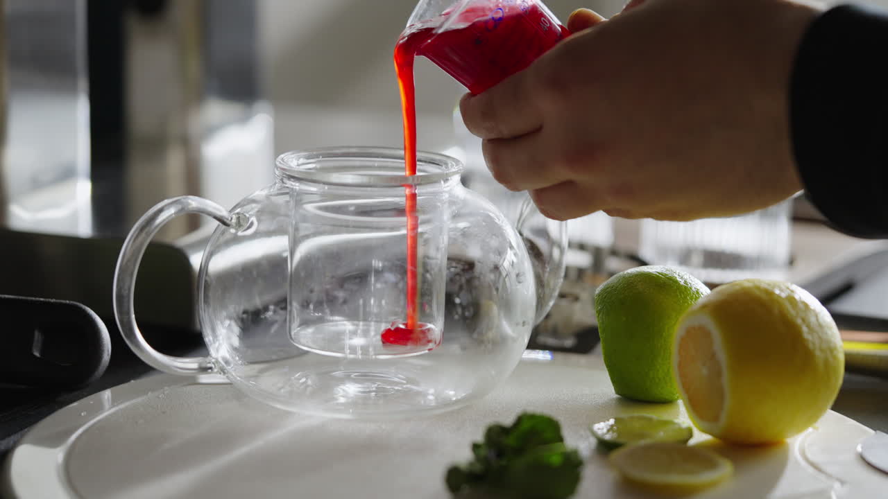 Making a Red Cocktail in a Glass Teapot
