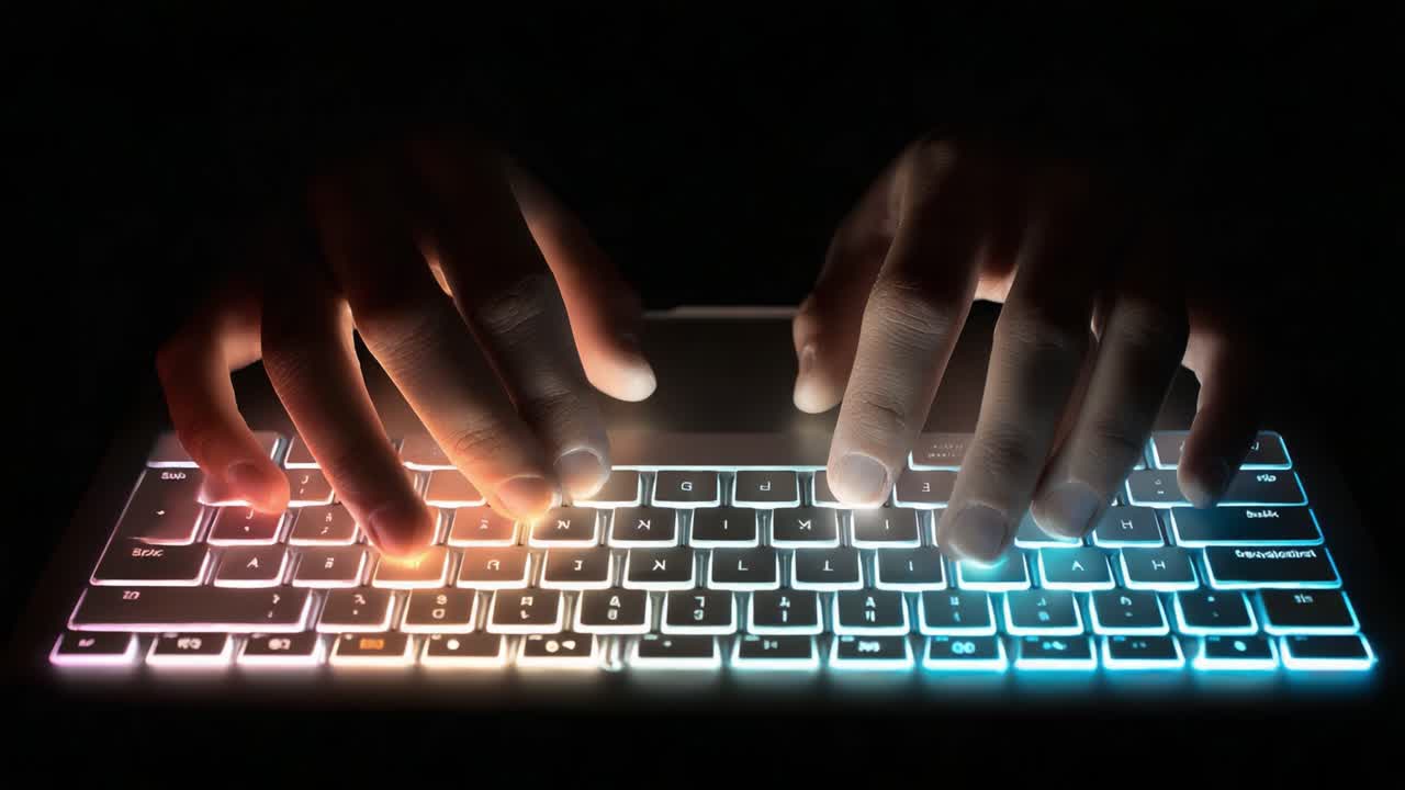 Illuminated Keyboard Typing: A Close Look at Hands Engaging with a High-Tech Backlit Keyboard Against a Dark Background
