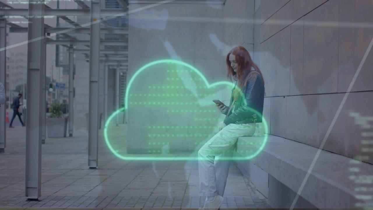 Seated woman tapping phone, causing neongreen cloud overlay visualizing data, passerby behind