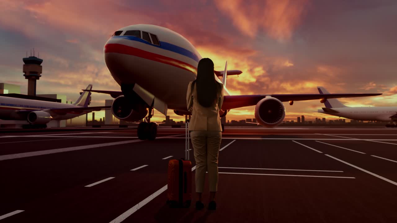 Inquadratura a figura intera da dietro di una donna d'affari asiatica con una valigia a rotelle che sale su un jet privato al tramonto, incrocia le braccia e si guarda intorno mentre aspetta il volo, aeroporto con aereo