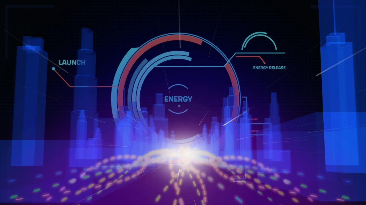 In animation, futuristic cityscape glowing pathways with energy data visualization