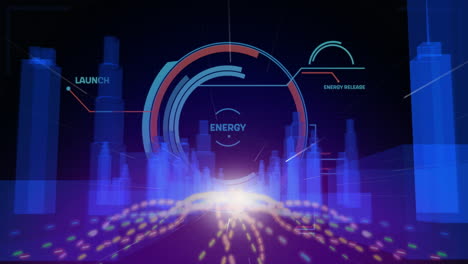in animation, futuristic cityscape glowing pathways with energy data visualization